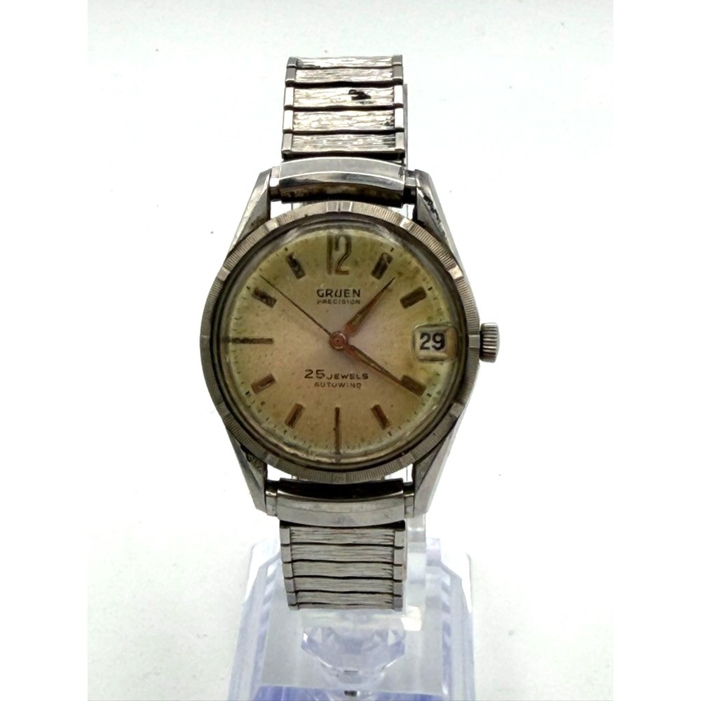 Vintage Gruen Precision Autowind 25 Jewels Automatic Date Men's Watch 30mm Runs